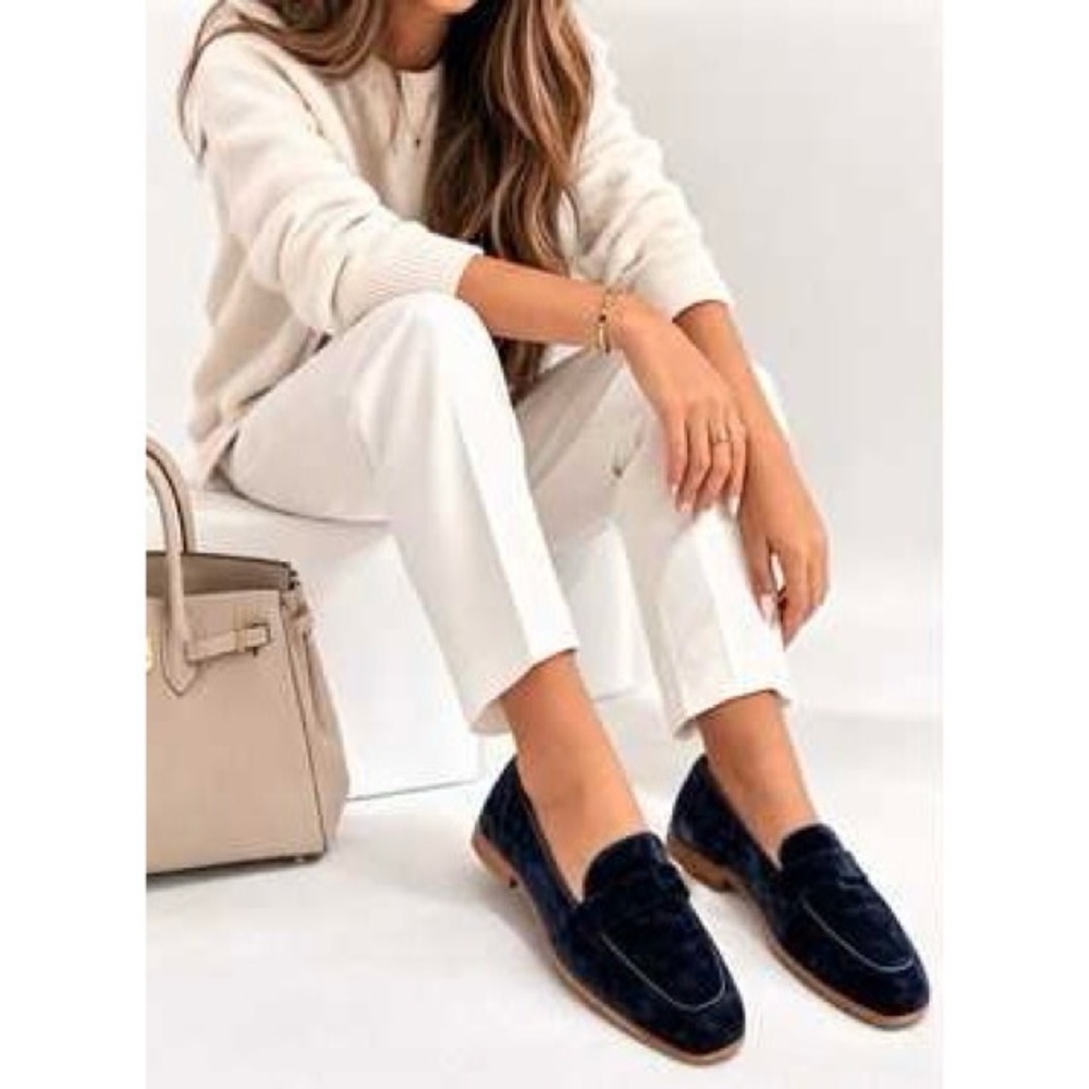 Zara Navy Blue Velvet Velour Classic Penny Loafers